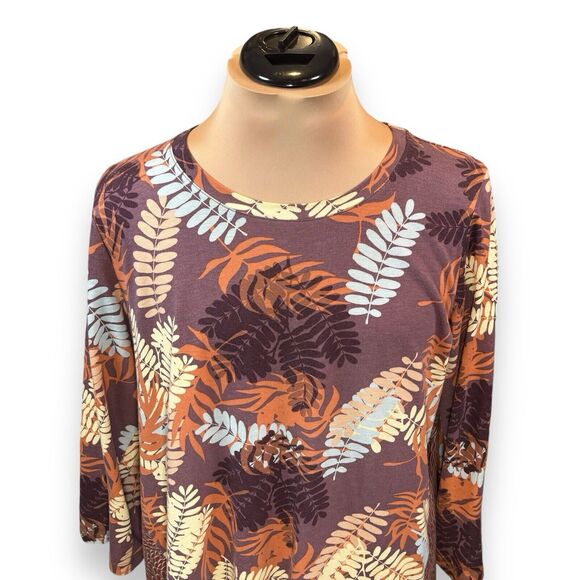 Logo By Lori Goldstein Mixed Print Knit Top Size Large Chiffon Hem Tunic Brown - Picture 3 of 11